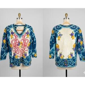 Vintage Jennifer Reed Hand Knit Floral Sweater Grannycore Cottagecore Boho Small